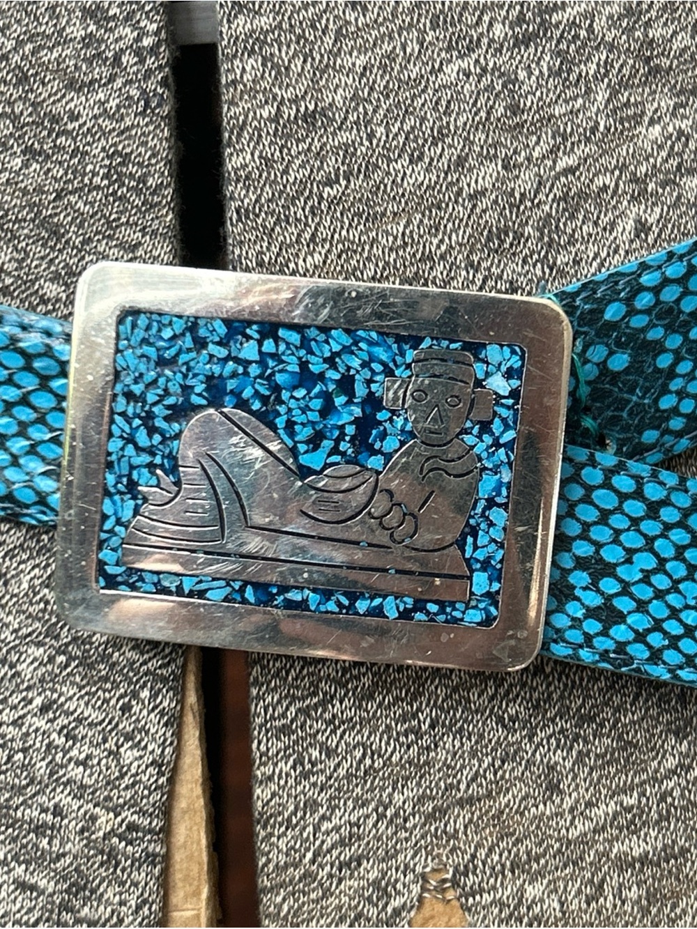 Vintage Mexican chip inlay turquoise Snake Belt Metal buckle M * Alpaca Silver